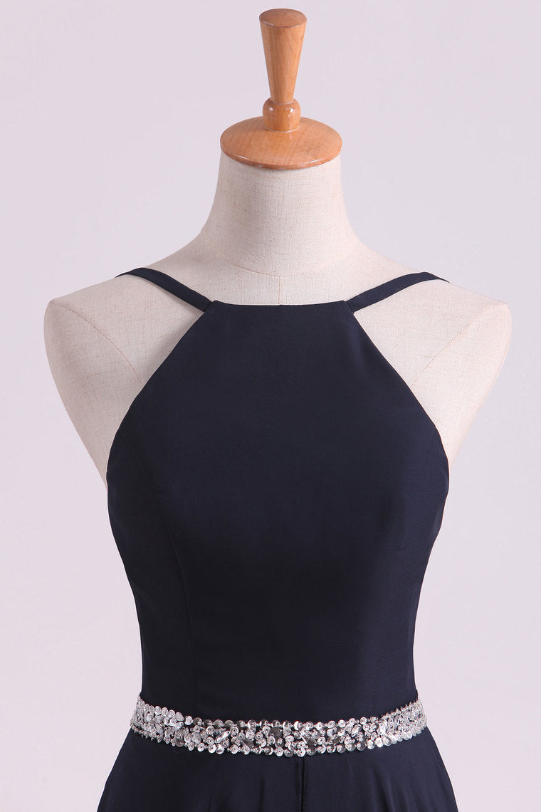 2022 Prom Dresses Spaghetti Straps Beaded Waistline Chiffon Open Back