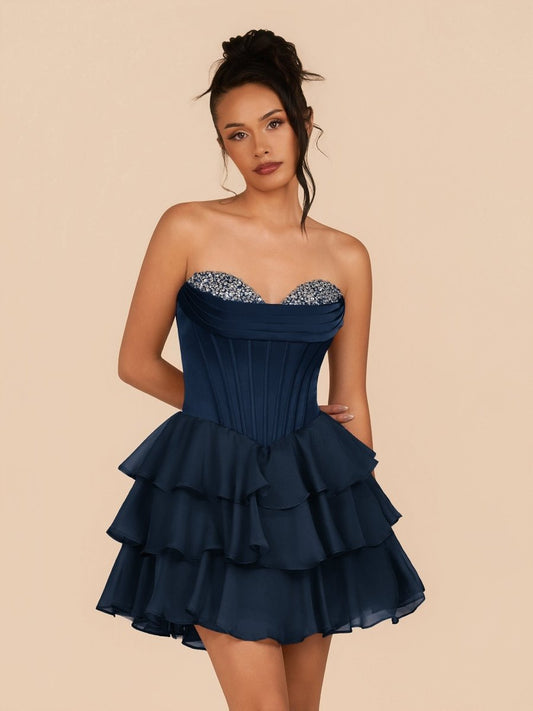 Elarae | Navy Blue - Strapless A Line Ruffles Homecoming Dress With Beading