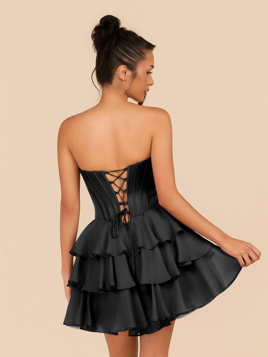 Elarae | Black - Strapless A Line Ruffles Homecoming Dress With Beading