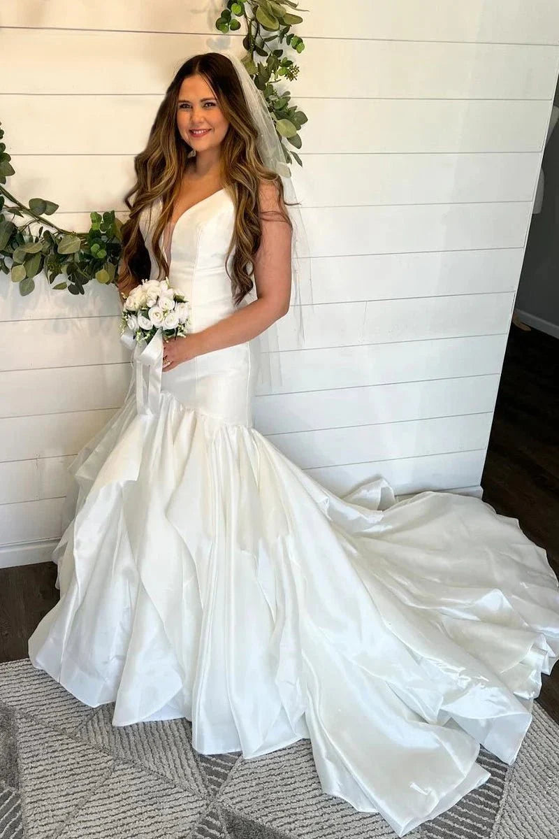 Elegant Mermaid V Neck Taffeta Wedding Dresses