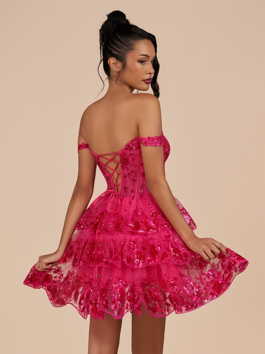 Everly | Fuchsia - A-Line Sweetheart Tiered Short Short Homecoming & Cocktail Dresses