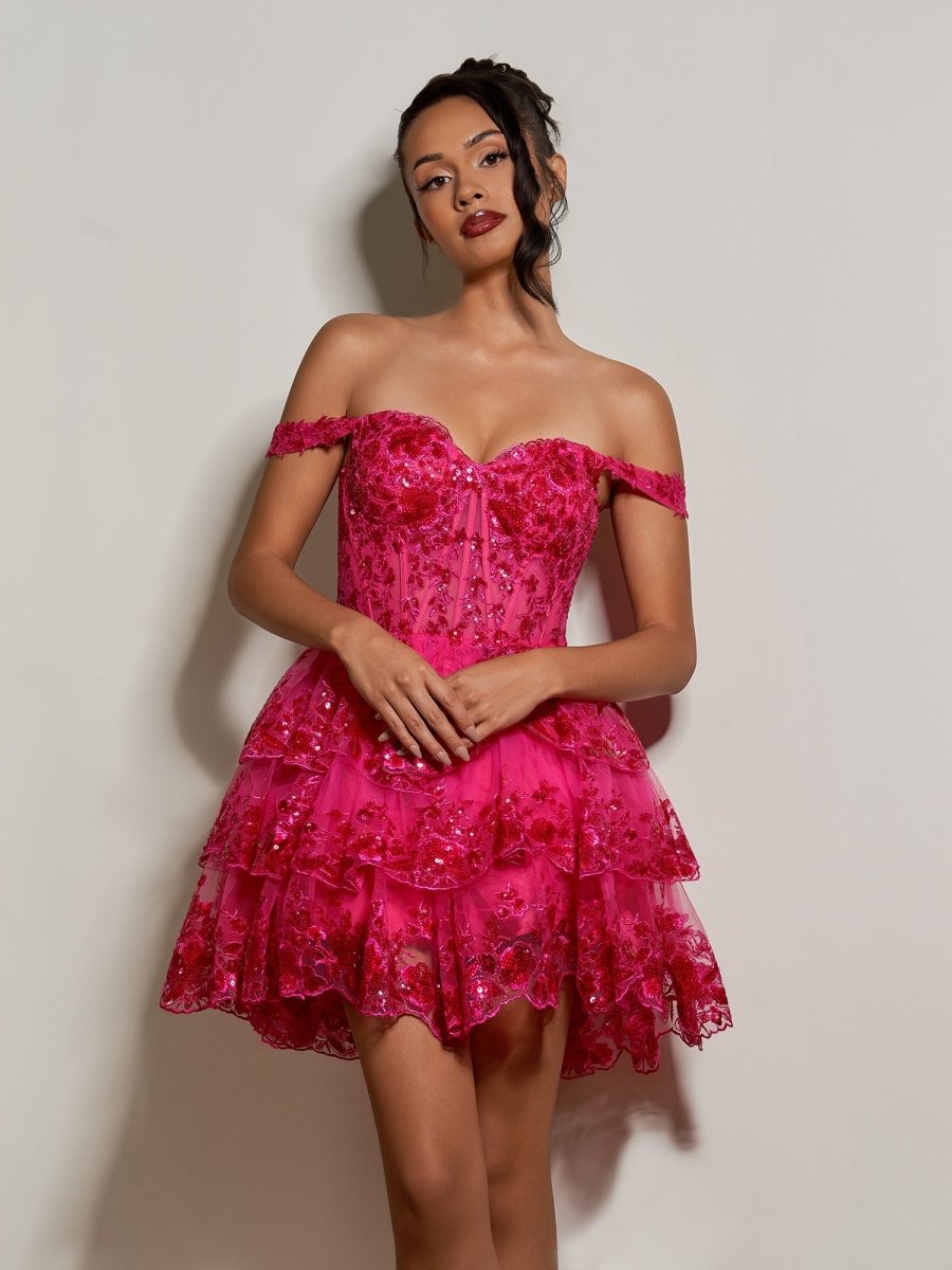 Everly | Fuchsia - A-Line Sweetheart Tiered Short Short Homecoming & Cocktail Dresses