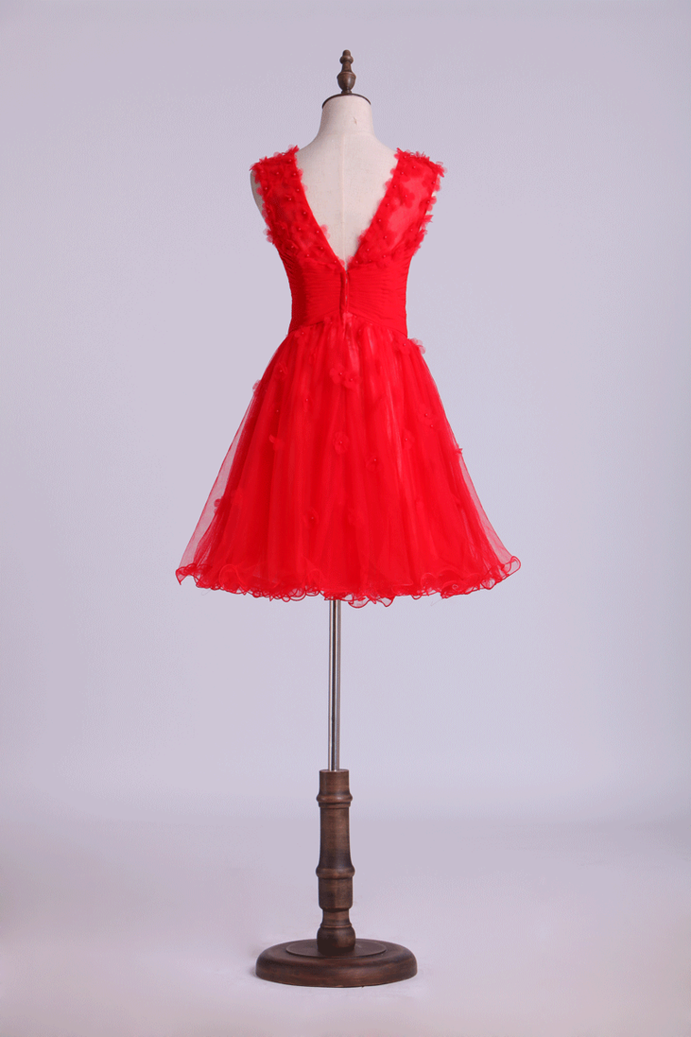 2022 Tulle Prom Dress Bateau Low Back A Line Short With Handmade Flowers