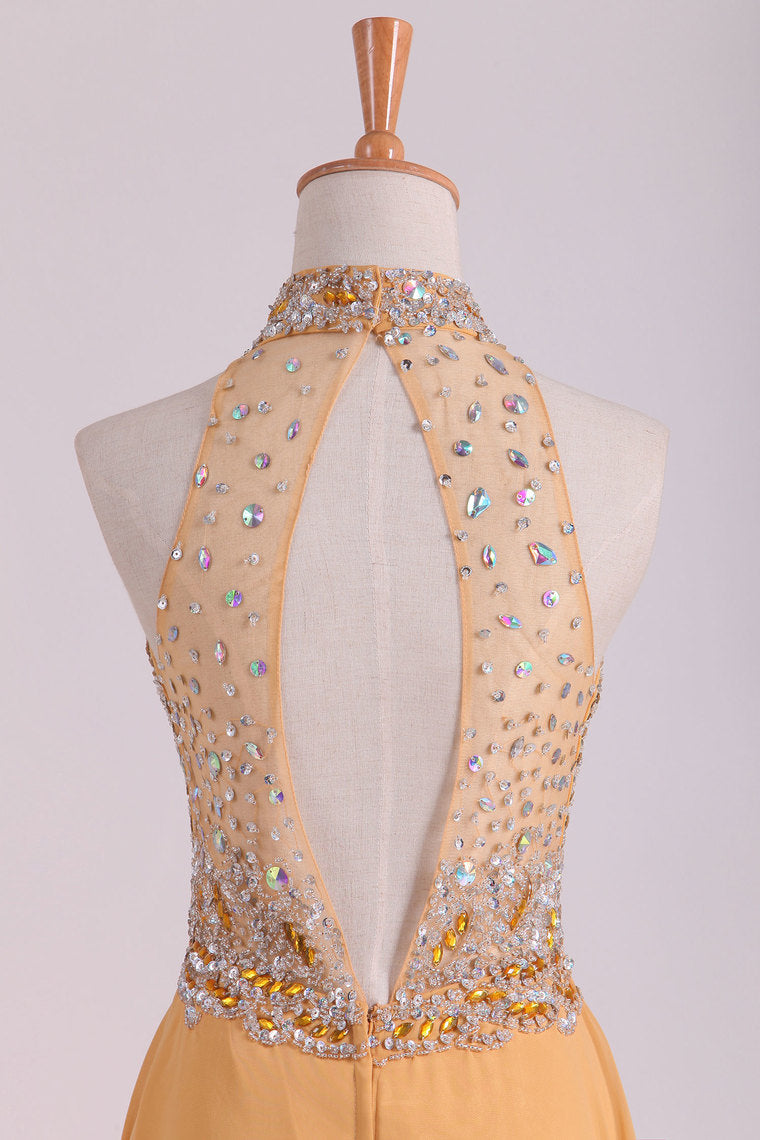 2022 High Neck A Line Chiffon Beaded Bodice Prom Dresses Sweep Train