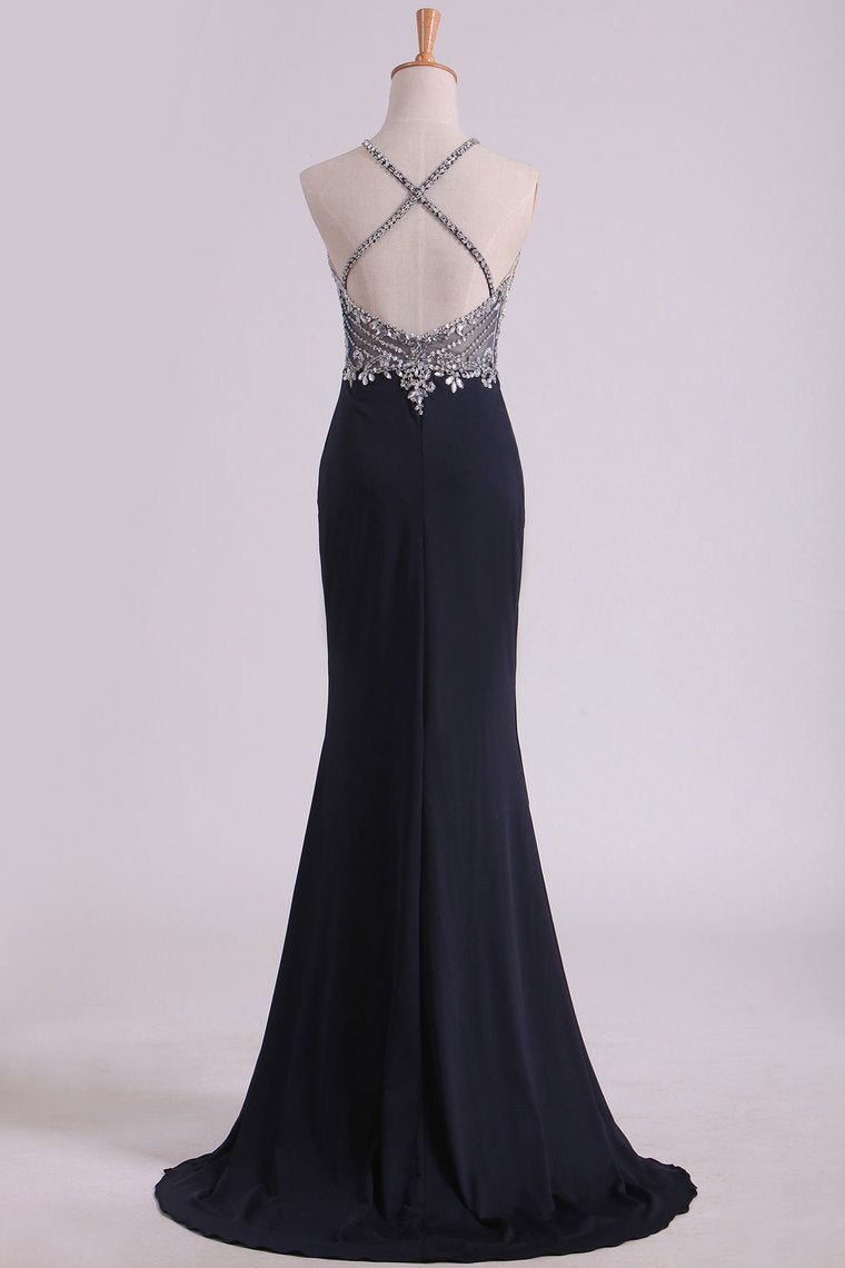 2022 Sexy Open Back Spaghetti Straps Beaded Bodiced Prom Dresses Mermaid