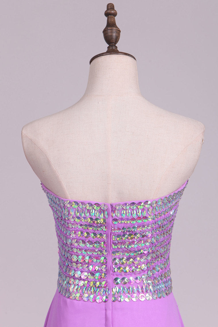 2022 A Line Sweetheart Beaded Bodice  Chiffon Sweep Train Prom Dresses