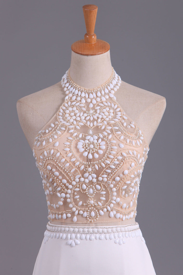 2022 See-Through High Neck Two Pieces Prom Dresses Spandex With Slit And Beading