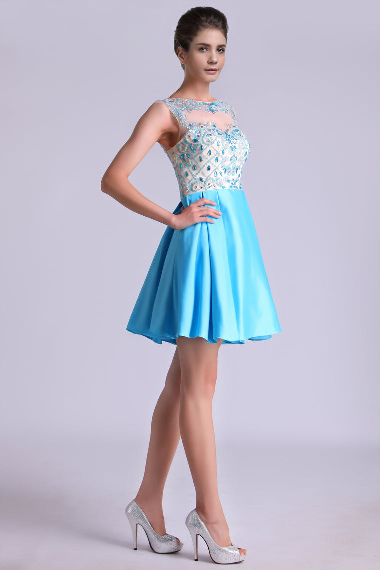 2022 Bateau A Line Homecoming Dresses Satin With Beads Mini