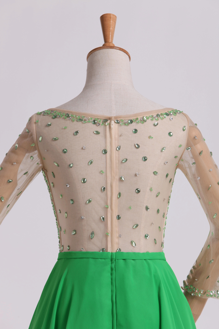 2022 Bateau A Line Short/Mini 3/4 Length Sleeve Prom Dress With Beaded Tulle Bodice And Chiffon Skirt