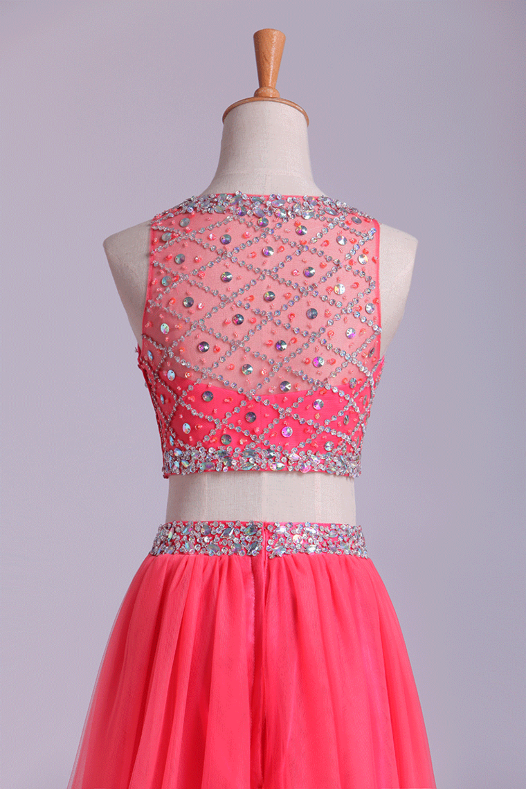 2022 Two-Piece Bateau Beaded Bodice Princess Prom Dress Pick Up Tulle Skirt Floor Length