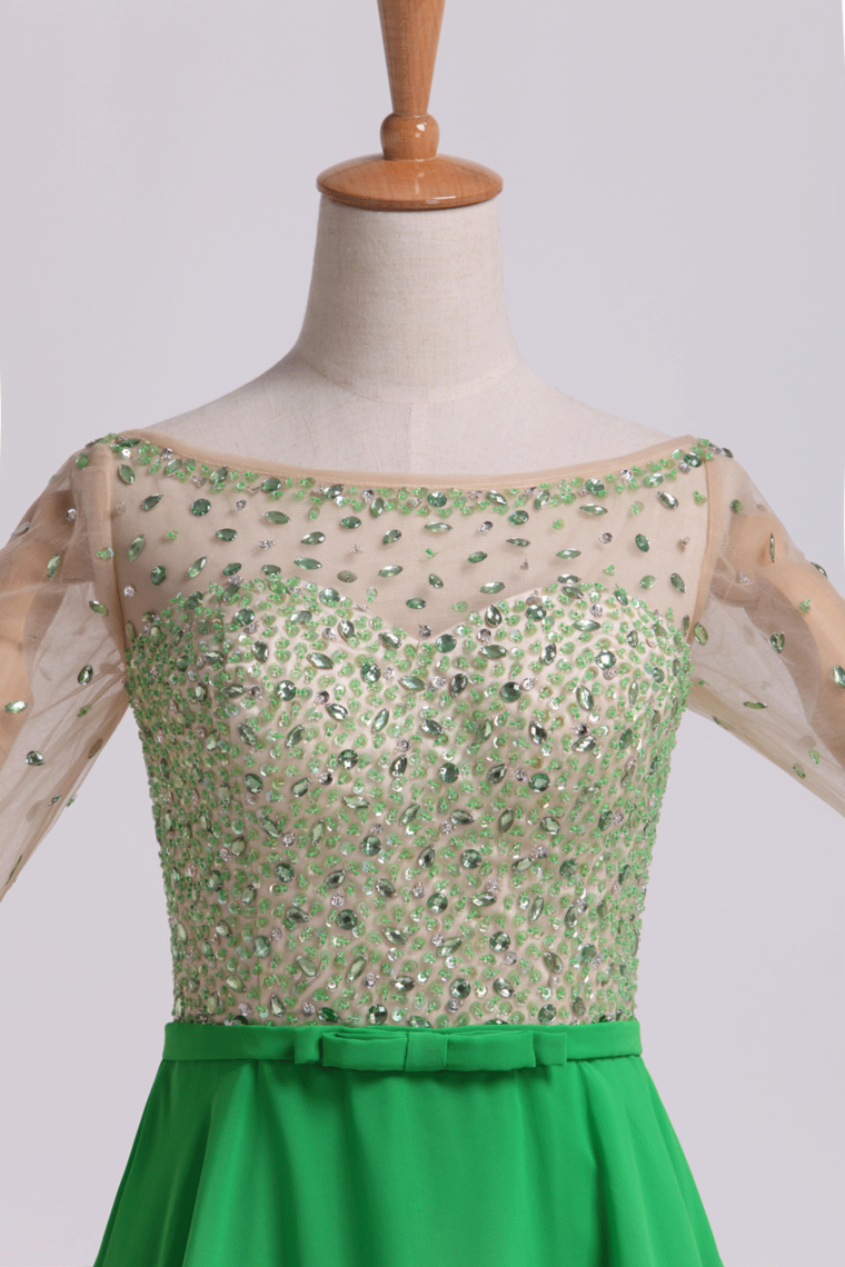 2022 Bateau A Line Short/Mini 3/4 Length Sleeve Prom Dress With Beaded Tulle Bodice And Chiffon Skirt