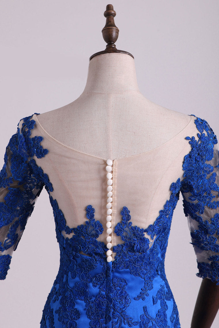 2022 Hot Bateau Dark Royal Blue Mother Of The Bride Dresses 3/4 Length Sleeve With Applique Satin