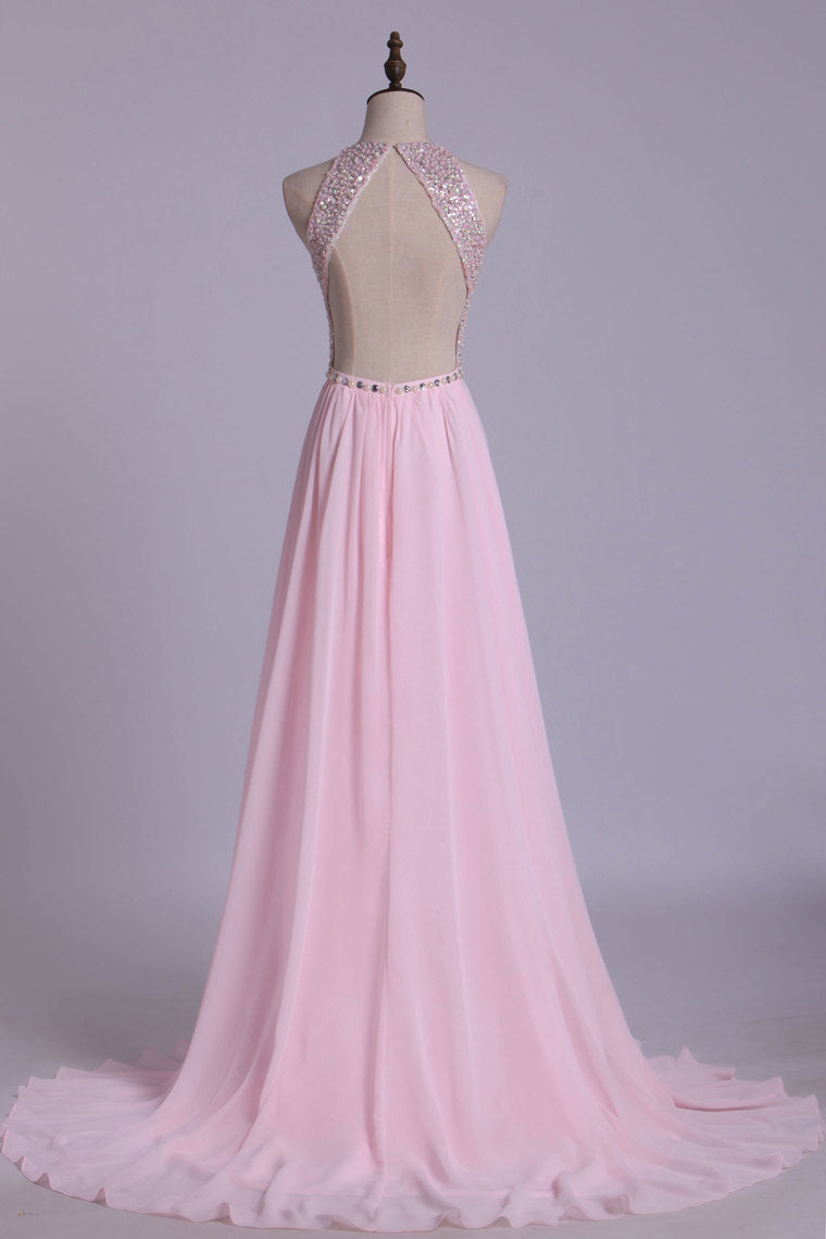 2022 Heavily Beaded Bodice Scoop A Line Prom Dresses Chiffon Open Back