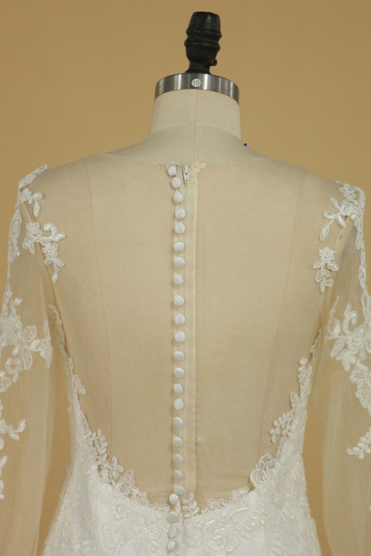 2022 Mermaid Scoop With Applique Long Sleeves Wedding Dresses Tulle Court Train