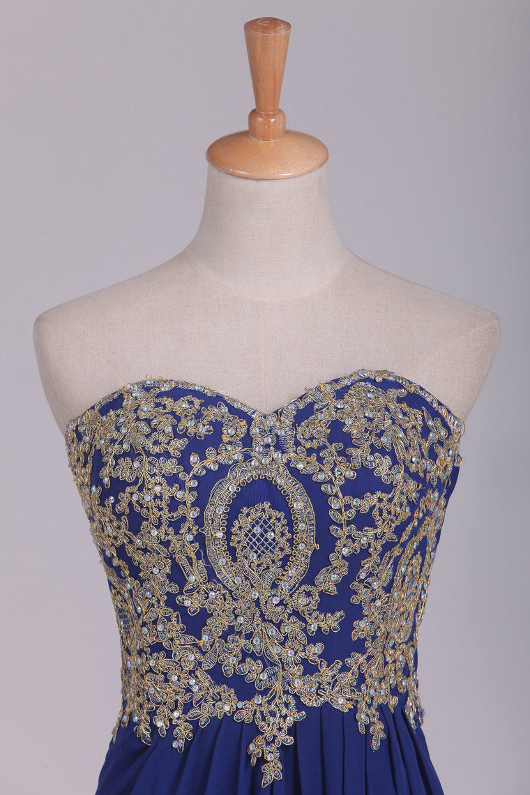 2022 Sweetheart Prom Dresses A Line With Applique & Beads Floor Length