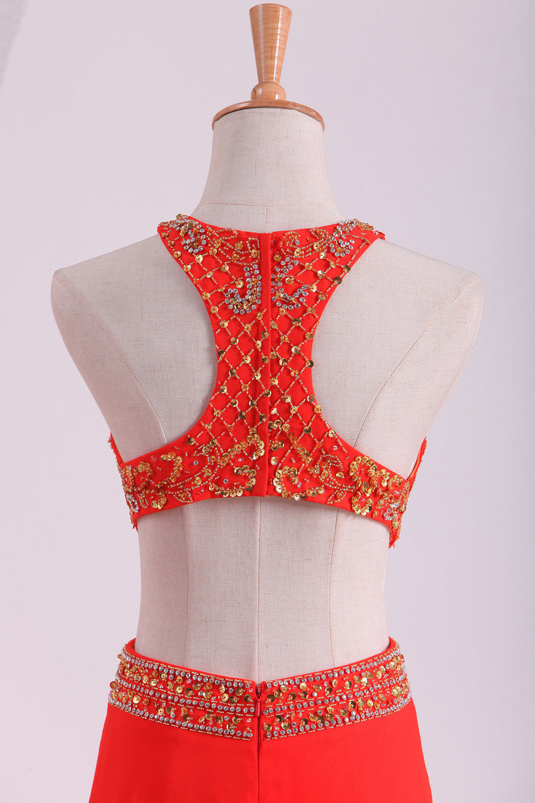 2022 Prom Dresses Scoop A Line Orange Red Chiffon With Beading Sweep Train