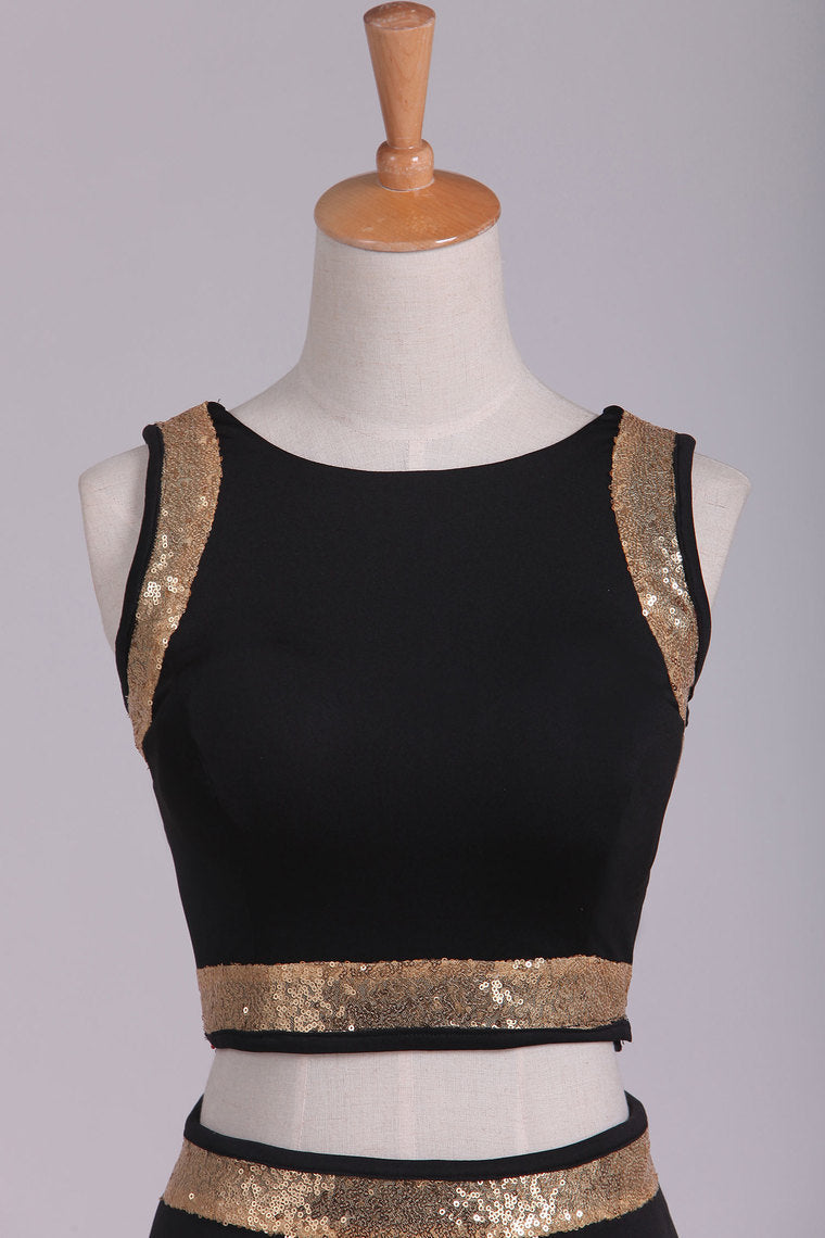 2022 Black Open Back Two Pieces Sheath Prom Dresses Spandex With Beads And Slit