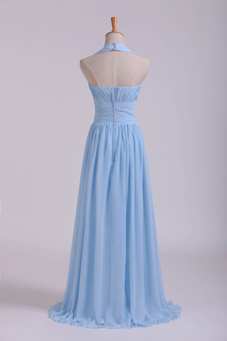 2022 Halter A Line Floor Length Ruffled Bridesmaid Dresses
