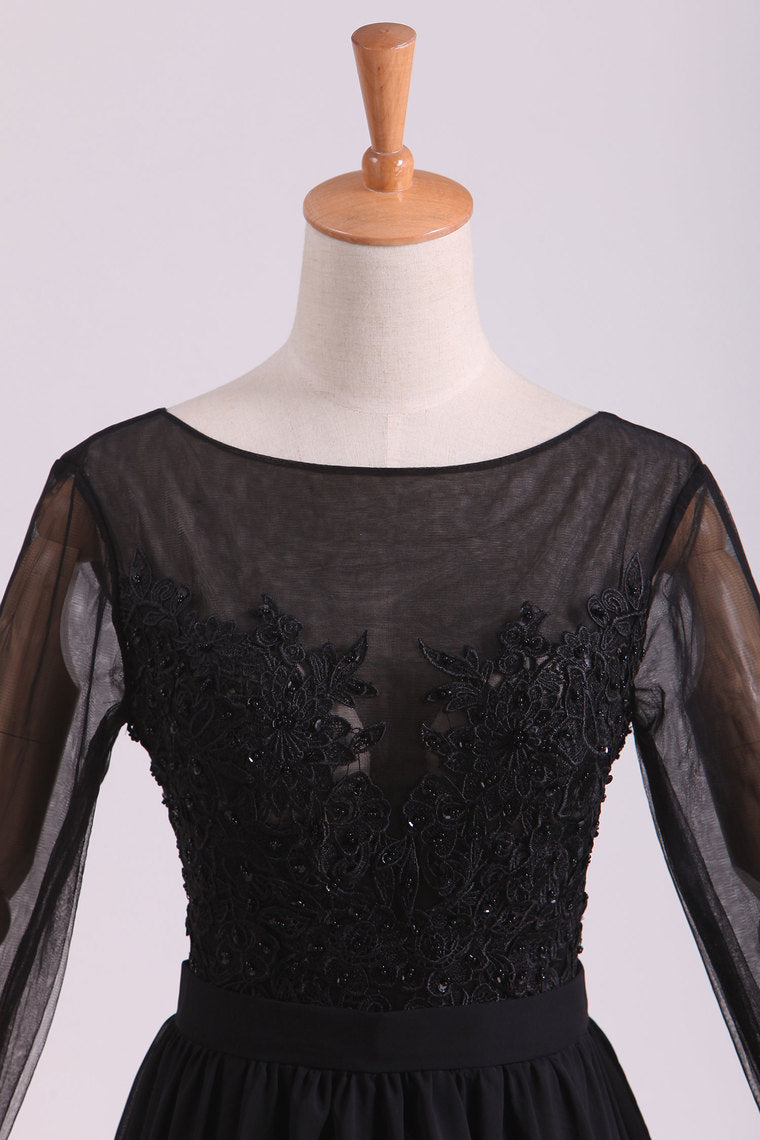 2022 Black Evening Dresses Long Sleeves A Line Chiffon With Applique & Slit