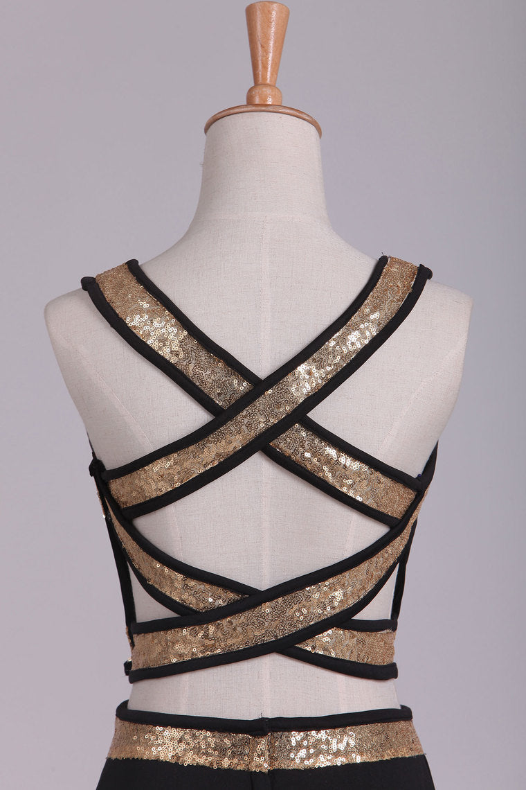 2022 Black Open Back Two Pieces Sheath Prom Dresses Spandex With Beads And Slit