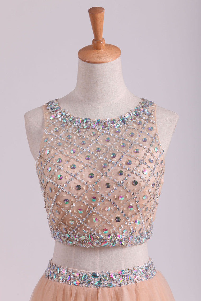 2022 Two Pieces Bateau Beaded Bodice Prom Dress A Line Tulle Floor Length