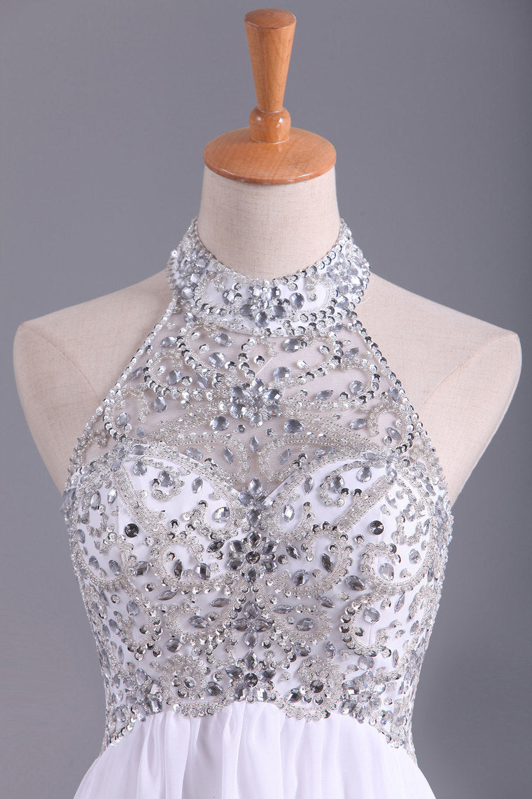 2022 White Hater Prom Dresses A Line Chiffon With Beading