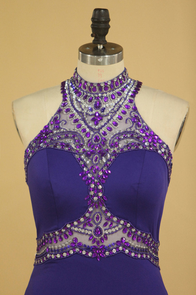 2022 Spandex High Neck Sweep Train Prom Dresses With Beading And Rhinestones
