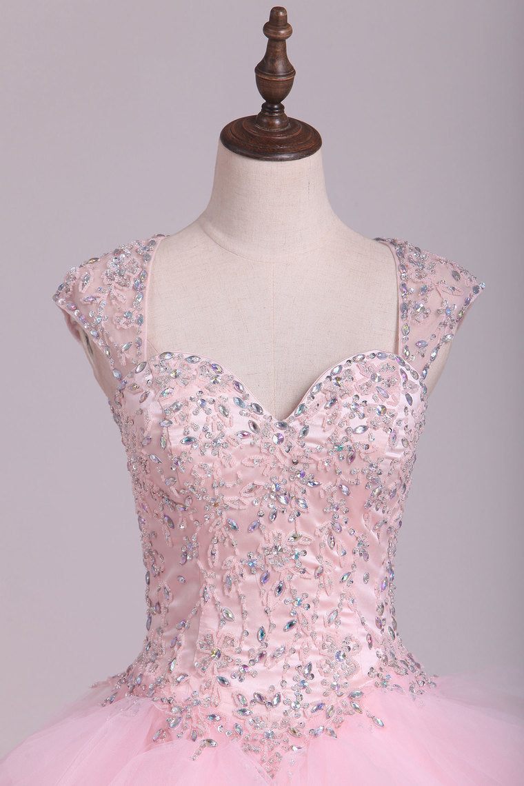 2022 Sweetheart Beaded Bodice Ball Gown Quinceanera Dresses Floor Length Tulle