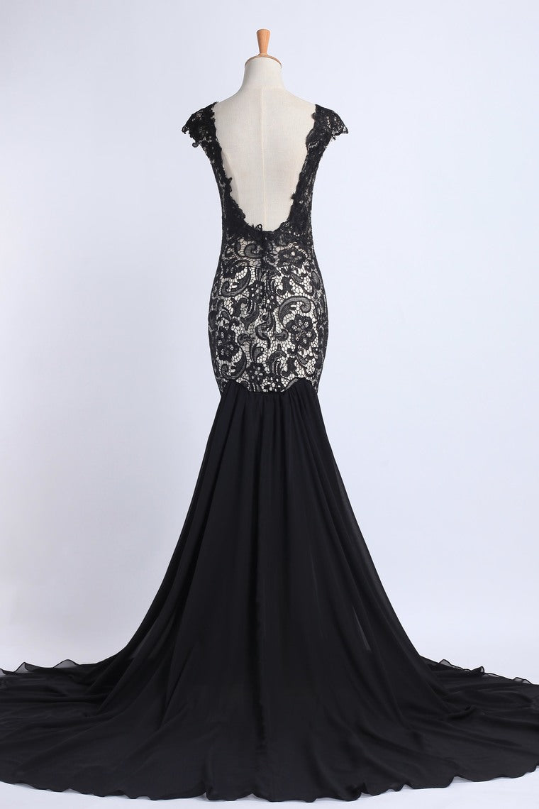 2022 Prom Dresses Mermaid Open Back Sweep/Brush Train Chiffon&Lace