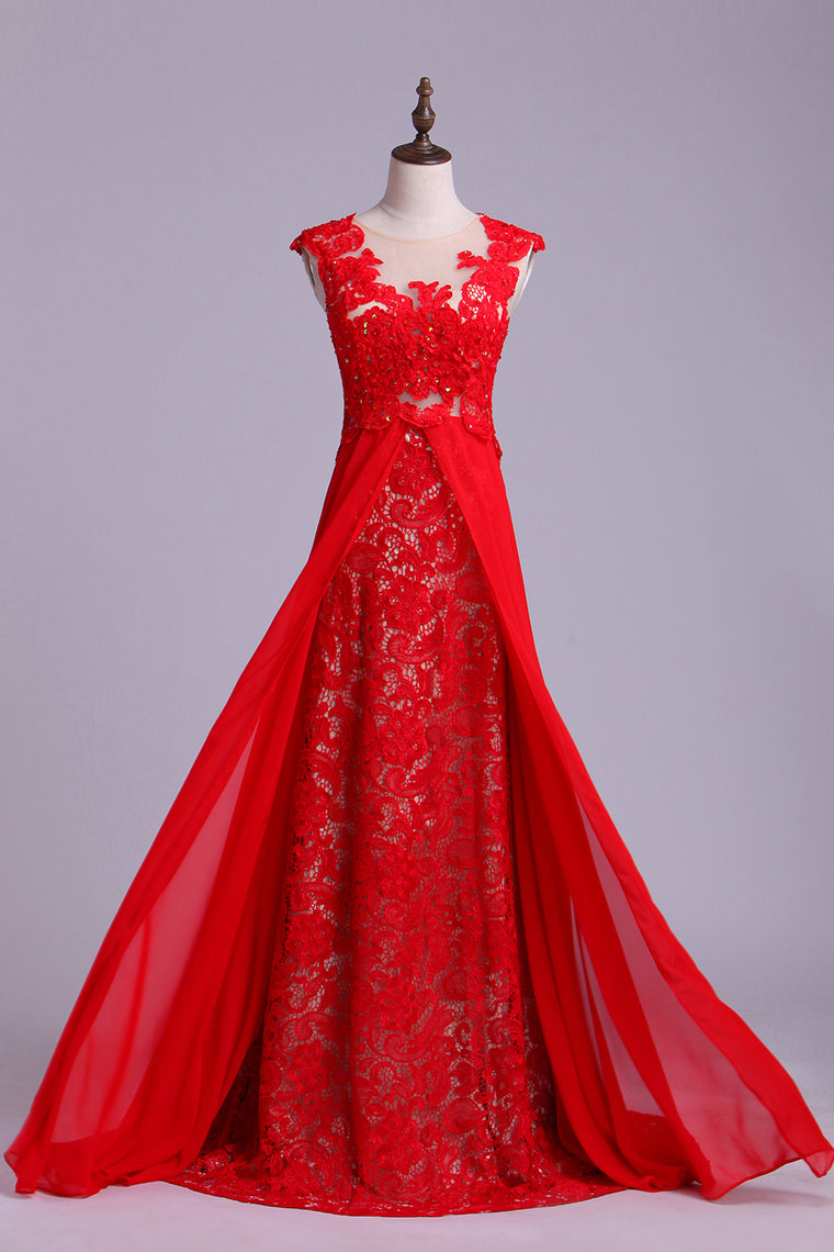 2022 Scoop Neckline Embellished Bodice With Beadeds&Applique Long Chiffon Prom Dress