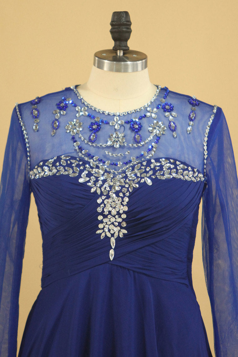 2022 Long Sleeves Scoop A-Line Chiffon With Beads And Ruffles Prom Dresses