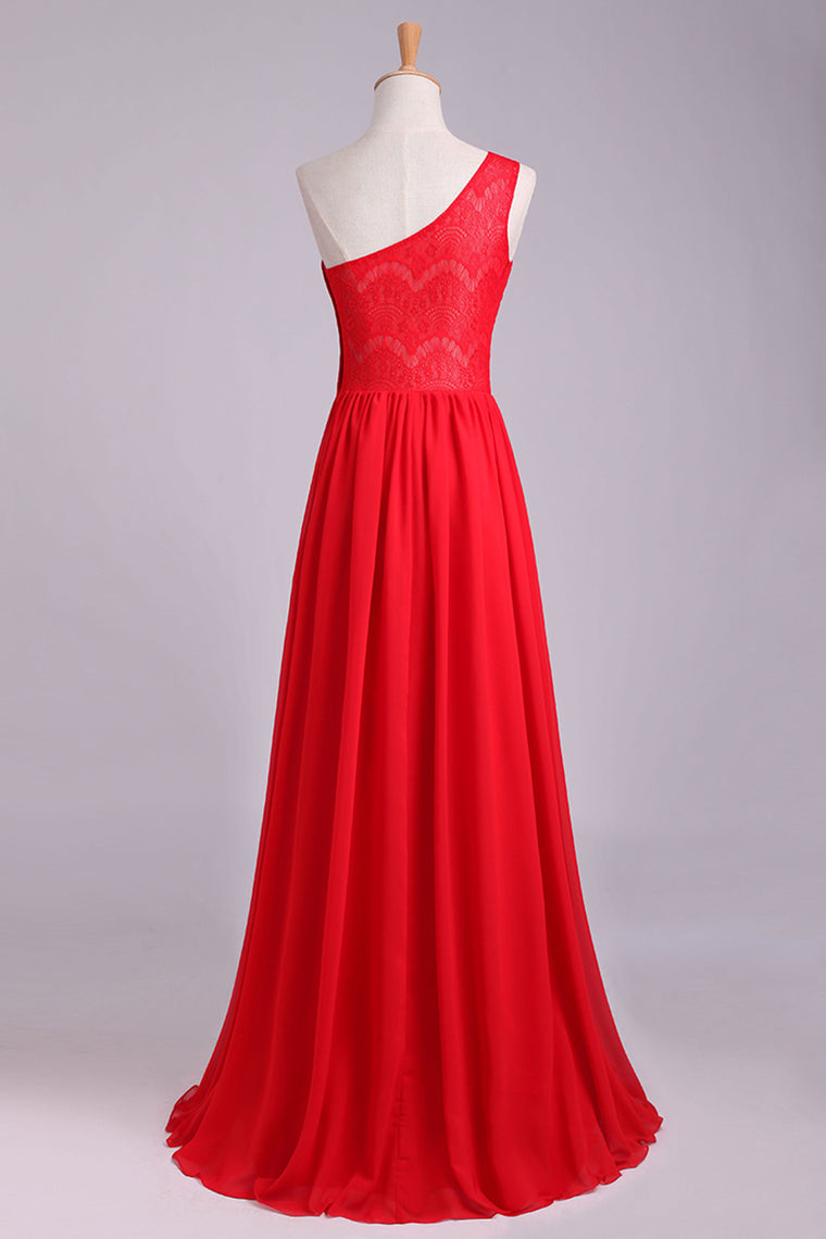 2022 One Shoulder Pleated Bodice Lace Back A Line Prom/Evening Dress Chiffon