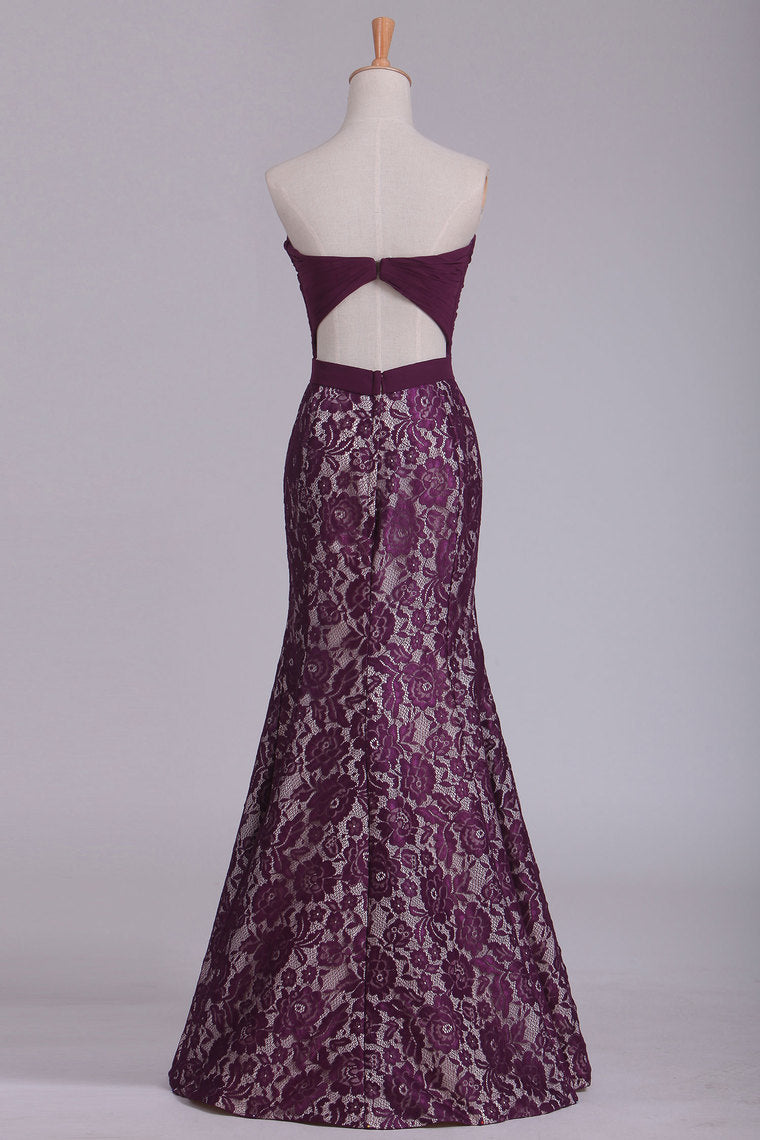 2022 Sweetheart Prom Dresses Mermaid/Trumpet Pleated Bodice Lace Grape Floor Length