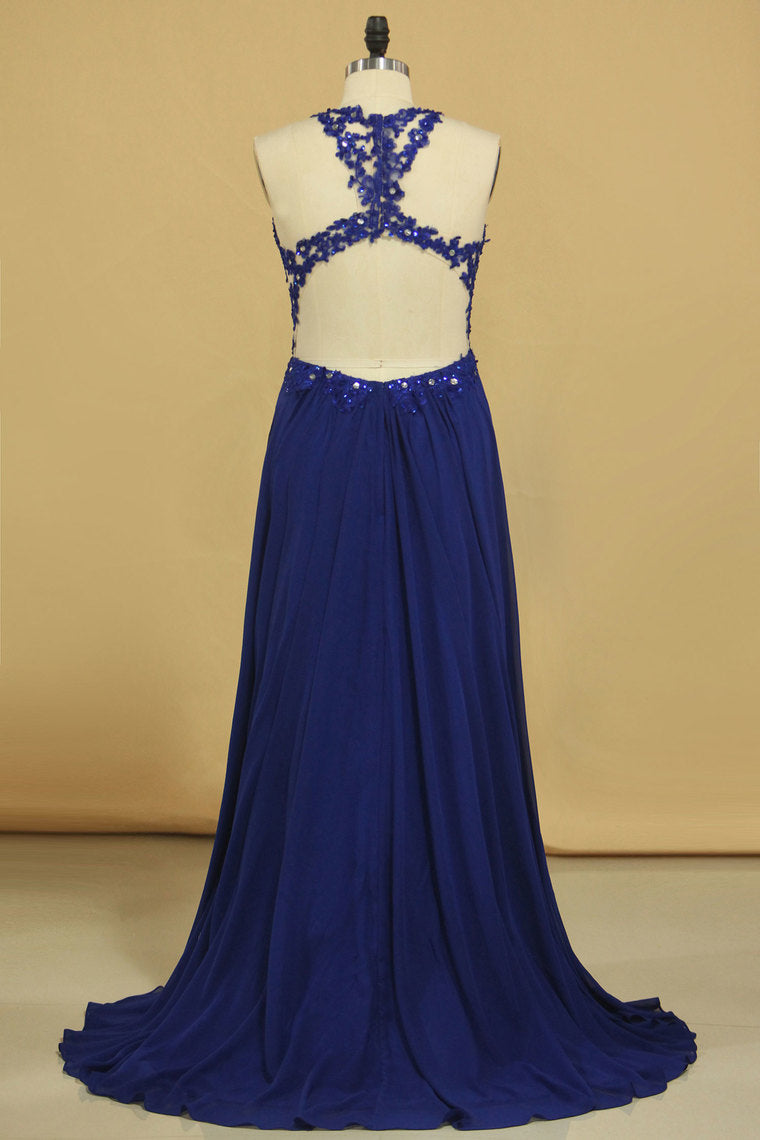2022 Prom Dresses A Line Scoop Chiffon With Applique Floor Length