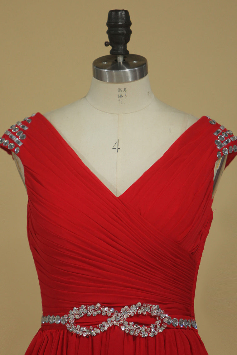 2022 A Line V Neck Chiffon Prom Dresses With Beads And Ruffles Floor Length