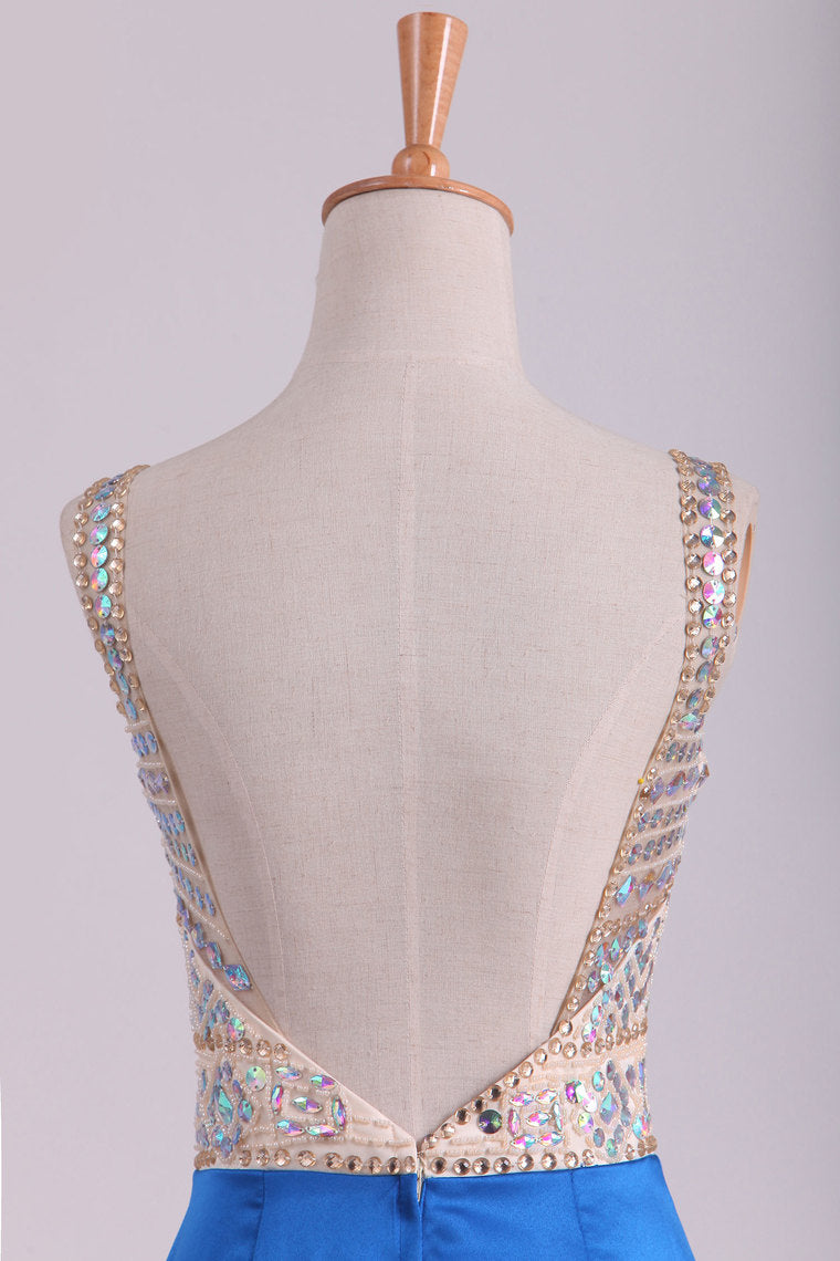 2022 Prom Dresses Mermaid V Neck Open Back Satin & Tulle With Beading