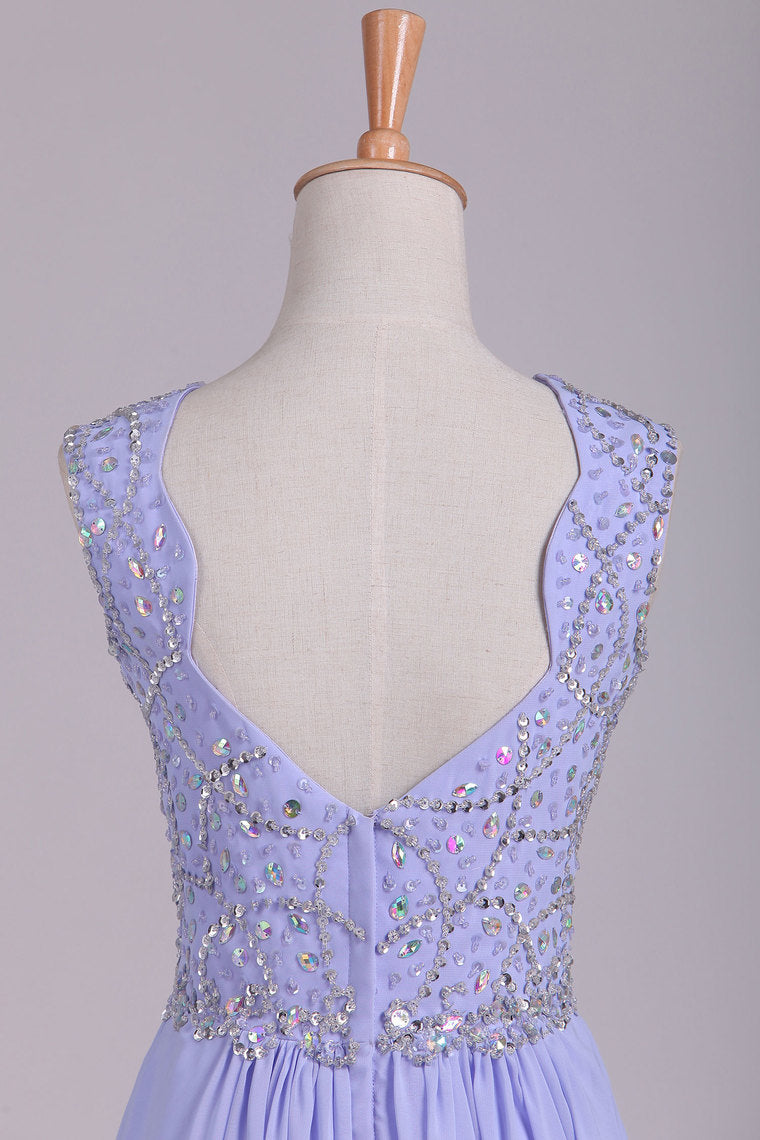 2022 Prom Dresses A Line Straps Beaded Bodice Open Back Chiffon