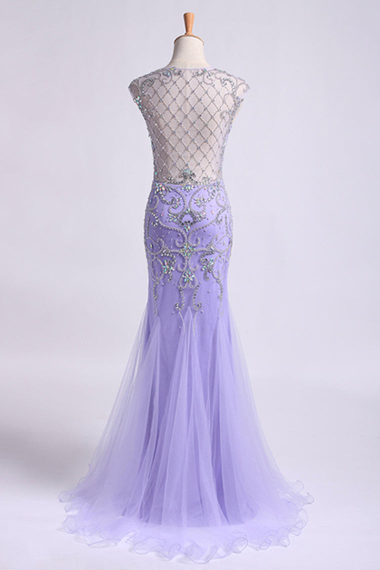 2022 Terrific Scoop Beaded And Fitted Bodice Mermaid/Trumpet Prom Dress Tulle
