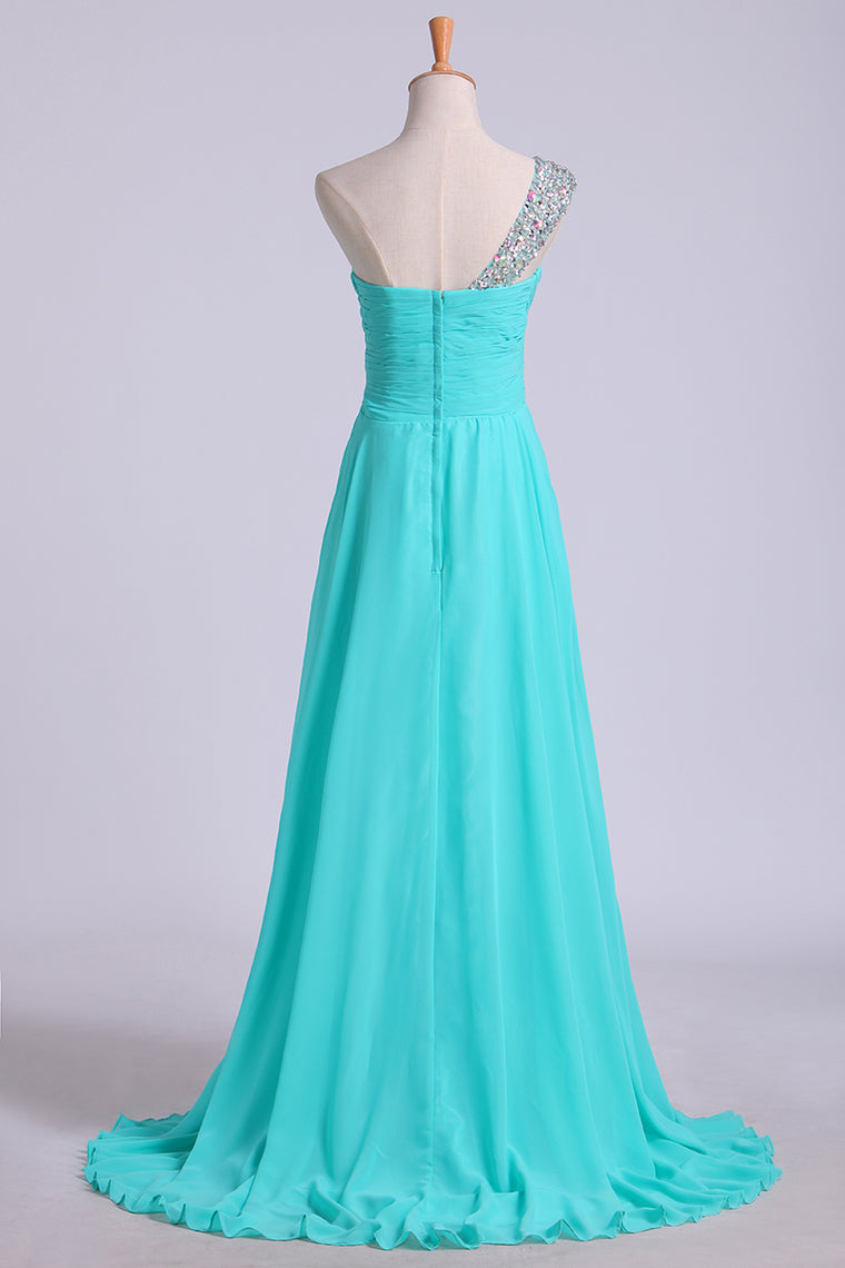 2022 Prom Dress One Shoulder Ruffled Bodice With Rhinestone Beaded Strap