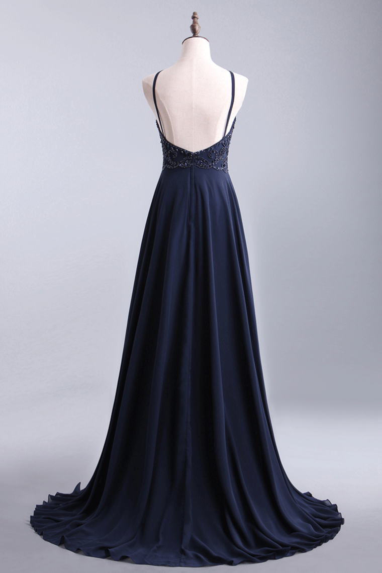 2022 Spaghetti Straps Prom Dresses Beaded Bodice A-Line Chiffon