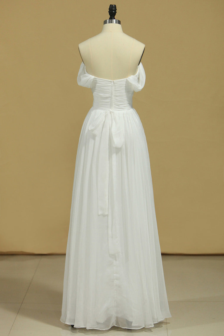 2022 White Prom Dresses Off The Shoulder A Line Chiffon Floor Length With Ruffles