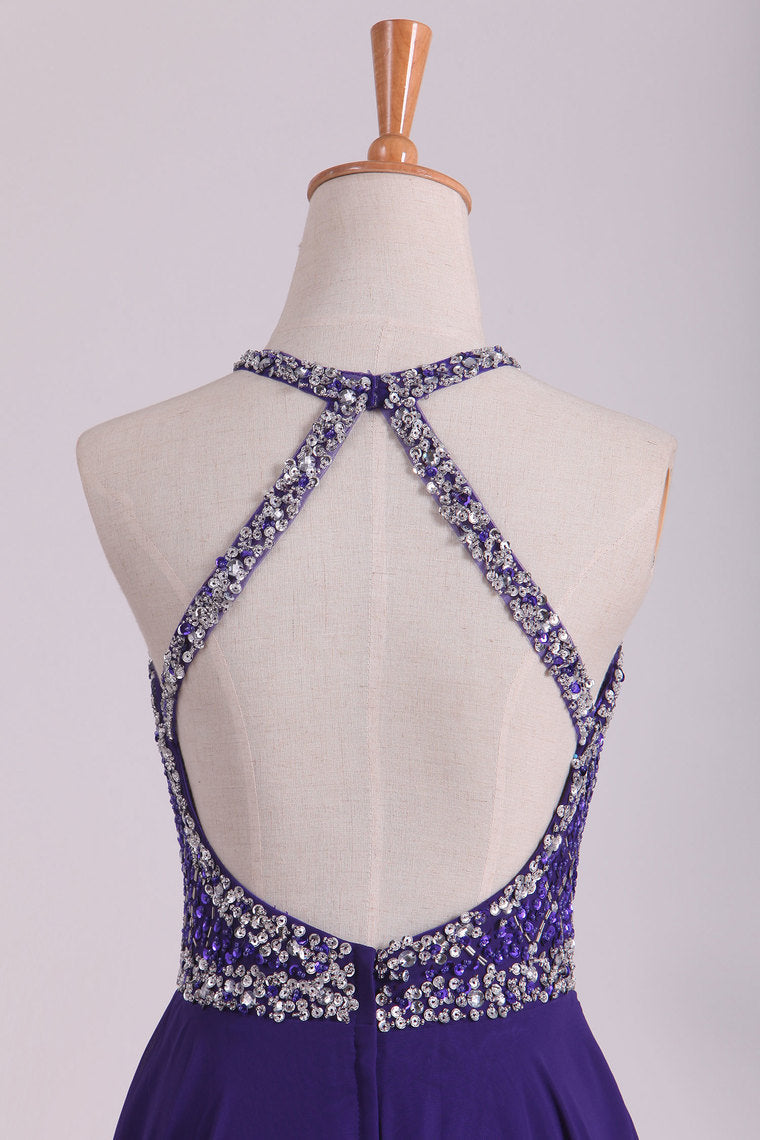 2022 Chiffon & Tulle Prom Dresses Halter Beaded Bodice Sweep Train Open Back