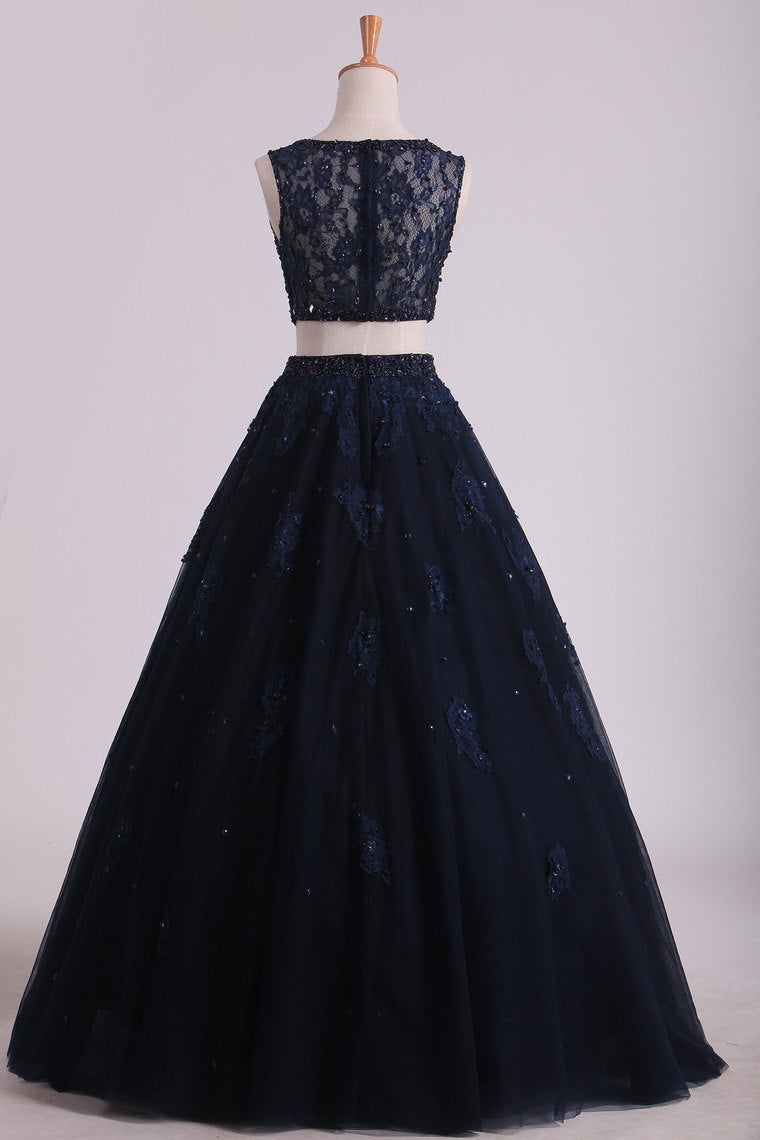 2022 Two-Piece Scoop Floor Length Tulle Quinceanera Dresses With Beads And Applique