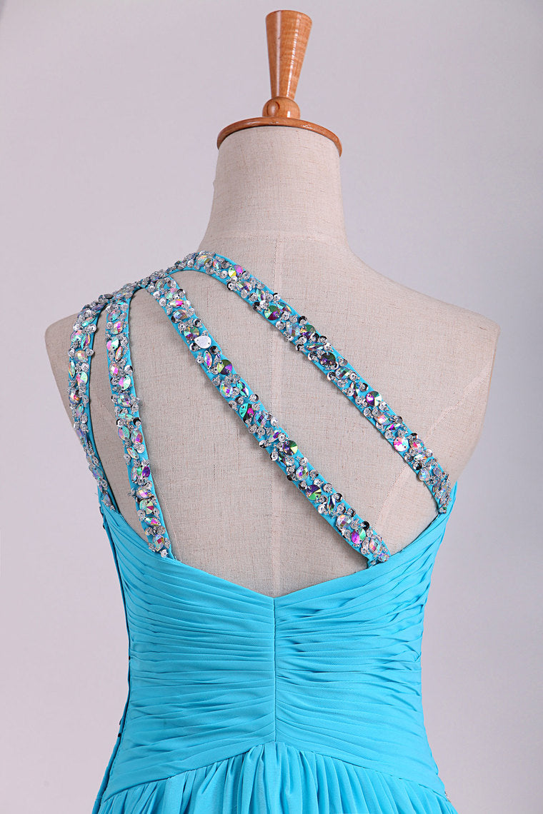 2022 One Shoulder Prom Dresses A Line Chiffon With Beads And Ruffles