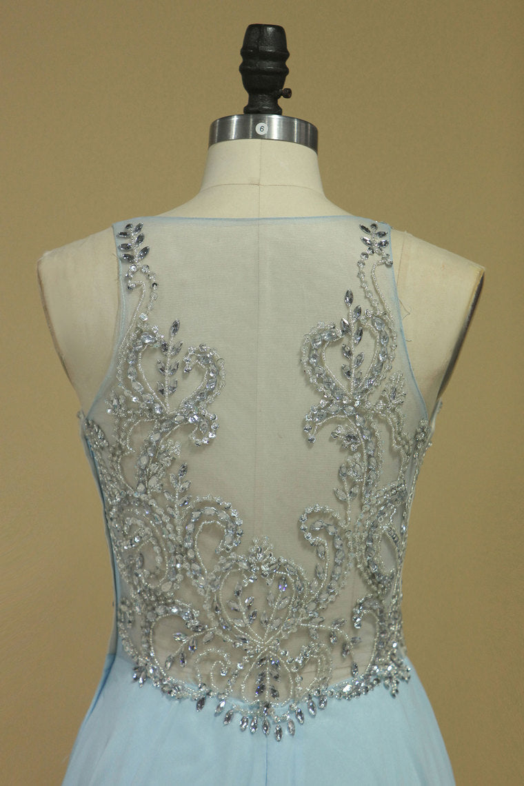 2022 Chiffon & Tulle V Neck Prom Dresses Beaded Bodice A Line