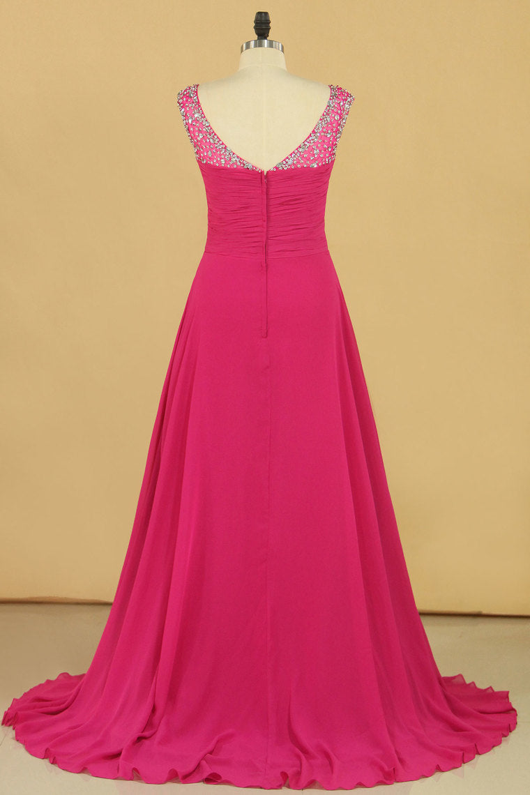 2022 Prom Dresses Straps With Beads And Slit Sweep Train Plus Size