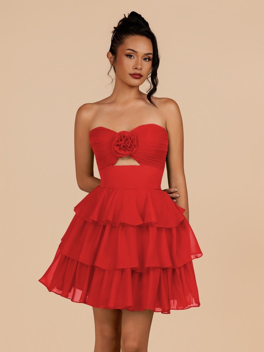 Fenara | Red - Strapless A Line Chiffon Ruffles Homecoming Dresses With Flower