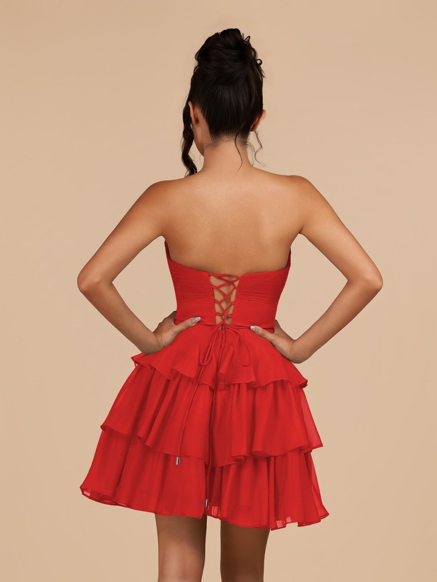 Fenara | Red - Strapless A Line Chiffon Ruffles Homecoming Dresses With Flower