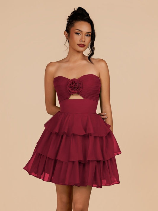 Fenara | Burgundy - Strapless A Line Chiffon Ruffles Homecoming Dresses With Flower