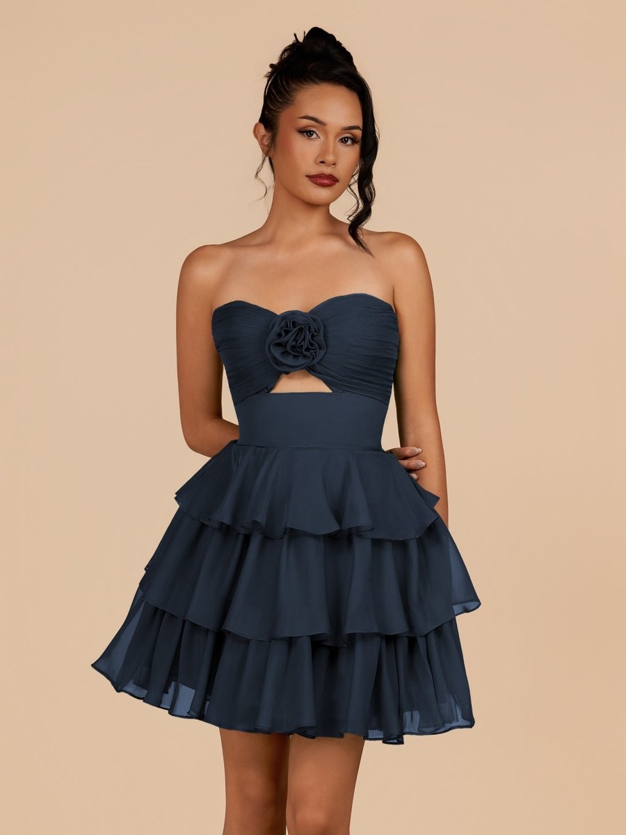 Fenara | Navy Blue - Strapless A Line Chiffon Ruffles Homecoming Dresses With Flower